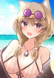  animal_ears arknights bare_shoulders blush braid breasts commentary eyewear_on_head fangs female highres jewelry mayuchi427 necklace oerba_yun_fang official_alternate_costume outdoors purple_eyes skin_fangs solo swimsuit swimsuit_cover-up twin_braids utage_(arknights) utage_(summer_flowers)_(arknights) 