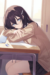  black_hair black_skirt blue_eyes breasts brown_sweater chair closed_mouth commentary_request desk eraser feet_out_of_frame female hair_between_eyes hair_ornament hairclip heart heart_hair_ornament highres indoors long_hair long_sleeves looking_at_viewer medium_breasts mizu_(lzzrwi603) on_chair original pleated_skirt school_chair school_desk school_uniform sitting skirt sleeves_past_wrists smile solo sweater window 