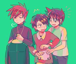  3boys blue_oak brown_hair closed_eyes closed_mouth commentary_request ethan_(pokemon) green_background green_jacket holding itome_(funori1) jacket long_sleeves looking_back male_focus multiple_boys open_mouth pants pokemon pokemon_adventures purple_shirt red_(pokemon) red_jacket shirt short_hair short_sleeves shorts simple_background smile sweatdrop t-shirt unworn_jacket yellow_shorts 