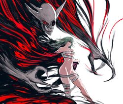  bandaged_leg bandages black_sclera breasts claws cleavage clenched_teeth colored_sclera eto_(tokyo_ghoul) female fire green_hair groin heterochromia highres kagune_(tokyo_ghoul) large_breasts long_hair medium_breasts monster naked_bandage navel red_eyes smile teeth tokyo_ghoul white_background yourfreakyneighbourh 