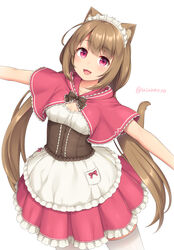  :3 :d animal_ear_fluff animal_ears apron brown_hair capelet cat_ears cat_tail commentary_request cowboy_shot female frilled_skirt frills hood hood_down hooded_capelet long_hair looking_at_viewer low_twintails maid_headdress open_mouth original outstretched_arms pink_capelet pink_eyes pink_skirt pleated_skirt sasaame skirt smile solo spread_arms standing tail thighhighs torte_(sasaame) twintails twitter_username underbust very_long_hair white_apron white_thighhighs 