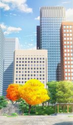  autumn blue_sky building bush city cityscape cloud day english_commentary grass highres isbeyvan japan no_humans original outdoors park scenery shadow sky tree window 