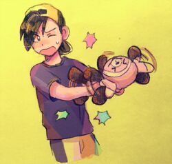  1boy backwards_hat baseball_cap commentary_request ethan_(pokemon) flailing green_background hat holding holding_pokemon itome_(funori1) male_focus one_eye_closed open_mouth pokemon pokemon_(creature) pokemon_gsc purple_shirt shirt short_hair short_sleeves simple_background stufful sweatdrop t-shirt 