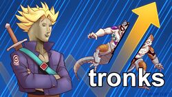  2boys arrow_(symbol) bifurcation blonde_hair blue_eyes blue_jacket business capsule_corp commentary cropped_jacket crossed_arms cyborg dragon_ball dragon_ball_z english_commentary frieza jacket male_focus meme meme_man multiple_boys nortuet pun reddit sheath sheathed stonks_(meme) super_saiyan super_saiyan_1 sword sword_behind_back trunks_(dragon_ball) trunks_(future)_(dragon_ball) weapon 