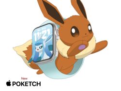  absurd_res ambiguous_gender apple_inc. apple_watch blue_body blue_eyes blue_fur brown_body brown_eyes brown_fur duo eevee eeveelution english_text feral fur generation_1_pokemon generation_4_pokemon glaceon hi_res logo nintendo pokemon pokemon_(species) simple_background text white_background 