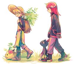  1boy backpack bag blonde_hair boots brown_bag brown_footwear commentary_request female from_side gloves grass hat itome_(funori1) jacket long_hair long_sleeves looking_back open_mouth pants pikachu pokemon pokemon_(creature) pokemon_adventures purple_pants reverse_trap short_hair silver_(pokemon) smile sneasel standing tunic yellow_(pokemon) yellow_headwear 