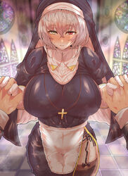  1boy alicia_renato_(yashiro_sousaku) black_dress blurry blurry_background borrowed_character breasts church closed_mouth covered_navel cross cross_necklace crossed_bangs dress female garter_belt gloves habit hair_between_eyes heterochromia highres holding_hands indoors interlocked_fingers jewelry large_breasts long_sleeves medium_hair necklace nun original pink_hair pov pov_hands red_eyes solo_focus sweat wakura_(gcdan) wavy_mouth white_gloves yellow_eyes 