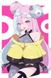  :d absurdres bare_shoulders blue_hair blush bow-shaped_hair breasts collarbone commentary_request female fuuna grey_leotard grey_pantyhose highres iono_(pokemon) jacket leotard long_sleeves looking_at_viewer medium_breasts multicolored_hair pantyhose pink_hair pokemon pokemon_sv purple_background purple_eyes sharp_teeth single_leg_pantyhose sitting sleeves_past_fingers sleeves_past_wrists smile solo teeth two-tone_background two-tone_hair white_background yellow_jacket 