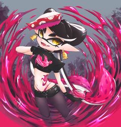  +_+ artist_name belt black_belt black_choker black_gloves black_pantyhose black_shirt black_shorts burst_bomb_(splatoon) callie_(splatoon) choker crop_top earrings fangs female food food_art food_on_head gloves highleg highleg_panties highres holding holding_weapon inkling jewelry long_hair looking_at_viewer lowleg lowleg_shorts midriff mole mole_under_eye navel object_on_head official_alternate_costume okome_2g2g open_mouth paint_splatter panties pantyhose pantyhose_under_shorts pointy_ears puffy_short_sleeves puffy_sleeves purple_panties shirt short_shorts short_sleeves shorts signature smile solo spiked_belt spiked_choker spikes splatoon_(series) splatoon_2 standing stomach_tattoo sushi swept_bangs tako-san_wiener tattoo tentacle_hair tied_hair underwear very_long_hair weapon yellow_eyes 