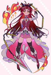  arm_up boots commentary_request female fire frills highres long_hair looking_at_viewer mahou_shoujo_madoka_magica mahou_shoujo_madoka_magica_(anime) red_eyes red_footwear red_hair sakura_kyoko sakura_kyoko_(magical_girl) shirt sleeveless sleeveless_shirt solo thighhighs very_long_hair yooki_(winter_cakes) 