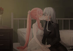  2girls bare_arms bare_shoulders black_pantyhose black_shorts black_sweater blush breasts chihuri closed_eyes commentary_request dress facing_another flower grey_hair hair_between_eyes hair_ribbon highres indoors jewelry kissing long_hair long_sleeves medium_breasts multiple_girls nightstand on_bed original pantyhose pantyhose_under_shorts pendant photoshop_(medium) pillow pink_hair ponytail profile red_flower red_rose ribbed_sweater ribbon rose short_shorts shorts sitting sleeveless sleeveless_dress sweater turtleneck turtleneck_sweater vase very_long_hair white_dress white_ribbon yana_(chihuri) yuri zoya_petrovna_vecheslova 