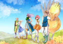  2boys 3girls absurdres bartz_klauser beard blonde_hair blue_tunic boco boots brown_hair chocobo cloud copyright_name dated day facial_hair faris_scherwiz field final_fantasy final_fantasy_5 flower flower_field galuf_halm_baldesion grass headband highres hiryuu_(ff5) komugiko_no_mori krile_mayer_baldesion_(ff5) lenna_charlotte_tycoon long_hair multiple_boys multiple_girls outdoors pink_hair ponytail purple_hair short_hair signature skirt sky sword weapon wind wind_lift 