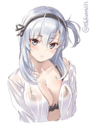  alternate_costume bikini black_bikini blush breasts cleavage collarbone commentary_request cropped_torso duplicate ebifurya female grey_eyes grey_hair hair_between_eyes highres kantai_collection long_hair medium_breasts open_clothes open_shirt parted_lips pixel-perfect_duplicate see-through shirt simple_background solo suzutsuki_(kancolle) suzutsuki_(swimsuit_mode)_(kancolle) swimsuit twitter_username upper_body white_background white_shirt 