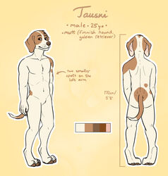  anthro ass brown_eyes canid canine canis claws color_swatch digitigrade domestic_dog english_text featureless_crotch fur gaikotsu hi_res male mammal model_sheet nude outline pawpads solo standing tan_body tan_fur tauski text toe_claws white_outline 