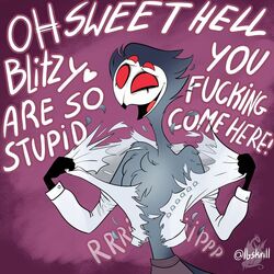  1:1 4_eyes anthro avian bird clothing demon english_text feathers fluffy_chest heart_symbol helluva_boss ibskrill male multi_eye open_mouth owl red_eyes solo stolas_(helluva_boss) tearing_clothing text tongue_in_mouth torn_clothing 