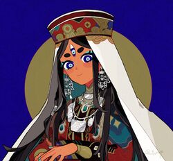  aqua_nails black_hair blue_eyes dark-skinned_female dark_skin earrings eyeshadow female hamsa hands_up hat jewelry long_hair long_sleeves looking_at_viewer makeup nazar_(amulet) necklace original smile solo third_eye upper_body yotsu_kado 