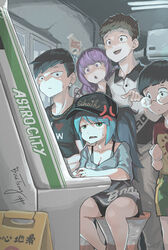  2girls 3boys anger_vein arcade_cabinet black_eyes black_hair blue_hair bosstseng bowl_cut bra_strap breasts chinese_commentary cleavage commentary glasses green_eyes hat jewelry medium_breasts multiple_boys multiple_girls natsuki_(bosstseng) necklace no_smoking original playing_games pointing polo_shirt ponytail purple_eyes purple_hair shortstack sign signature sitting sweatdrop v-shaped_eyebrows 