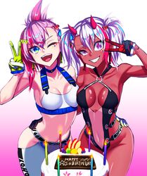  2girls :d absurdres apple apple_slice arm_up armpits bare_shoulders berry birthday_cake black_gloves black_one-piece_swimsuit blue_eyes breasts breasts_apart cake candle character_name clothes_writing collarbone colored_skin commentary_request commission covered_navel cowboy_shot crazy_eyes crop_top dark_persona demon_horns dual_persona fire food fruit gloves gradient_background green_eyes green_gloves grin hair_between_eyes hair_ornament halterneck hand_on_another&#039;s_hip happy_birthday heart heart_hair_ornament heart_in_eye highres hip_vent horns indie_virtual_youtuber long_hair looking_at_viewer medium_breasts midriff multicolored_eyes multicolored_hair multiple_girls navel number_hair_ornament o-ring o-ring_swimsuit one-piece_swimsuit one_eye_closed onifu open_mouth pants pink_background pink_eyes pink_hair ponytail purple_eyes red_gloves red_hair red_horns red_skin ringed_eyes samael_(5211) shiny_skin short_hair short_twintails simple_background skeb_commission smile sports_bra star_sticker sticker_on_face streaked_hair swimsuit symbol_in_eye teeth tongue twintails two-tone_background two-tone_gloves upper_teeth_only v v-shaped_eyebrows virtual_youtuber white_background white_gloves white_hair white_pants white_sports_bra x_hair_ornament yfu yoga_pants 