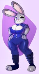  anthro big_breasts breasts cleavage_cutout clothing cutout disney female fingerless_gloves gloves handwear hi_res judy_hopps lagomorph leporid mammal one_eye_closed rabbit solo solratic wide_hips wink zootopia 