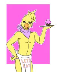  anthro avian bandana beak bird chica_(fnaf) chicken cupcake feathers femboy five_nights_at_freddy&#039;s food galliform gallus_(genus) hi_res holding_object holding_plate kerchief male neckerchief outline phasianid purple_sclera qunteki rule_63 scottgames solo yellow_body yellow_feathers 