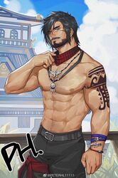  1boy abs bara beard black_hair blue_sky chinese_commentary commentary_request commission facial_hair final_fantasy final_fantasy_xiv highres hy_the_highlander large_pectorals male_focus mature_male moustache muscular muscular_male navel nipples pectorals peterhl sky solo stomach topless_male warrior_of_light_(ff14) 