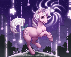  commentary english_commentary eyelashes glowing grass happy multicolored_hair my_little_pony night night_sky no_humans outdoors painttool_sai_(medium) photoshop_(medium) pony_(animal) purple_eyes purple_hair ribbon samantha_whitten sky smile star_(sky) star_(symbol) starry_sky tail tail_ornament tail_ribbon twilight_(my_little_pony_g1) two-tone_hair unicorn white_hair 