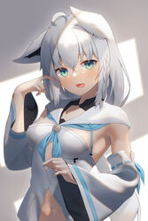  ahoge animal_ear_fluff animal_ears armpits blue_neckerchief blush braid breasts detached_sleeves earrings ears_down female fox_ears fox_girl green_eyes hair_between_eyes highres hololive hood hoodie jewelry long_hair looking_at_viewer midriff navel neckerchief open_mouth shadow shirai_yu shirakami_fubuki shirakami_fubuki_(1st_costume) sidelocks single_braid solo virtual_youtuber white_hair white_hoodie 