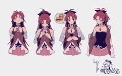  bare_shoulders bow burger detached_sleeves female food french_fries hairbow highres kyuubee long_hair magical_girl mahou_shoujo_madoka_magica mahou_shoujo_madoka_magica_(anime) ponytail red_eyes red_hair sakura_kyoko sakura_kyoko_(magical_girl) soul_gem unbuttoned unbuttoned_shirt undressing yooki_(winter_cakes) 