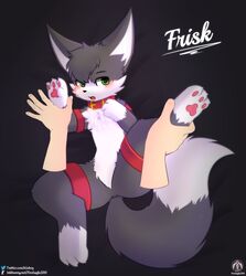  absurd_res ambiguous_gender anthro bed blush canid canine collar countershading fangs featureless_crotch fox furniture hi_res human lying male mammal paws senz solo straps teeth text url 