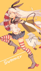  :d anchor_hair_ornament bag black_panties black_ribbon blonde_hair book boots brown_eyes digital_media_player earbuds earphones earphones_removed elbow_gloves english_text female from_side gloves grey_footwear hair_ornament hair_ribbon highleg highleg_panties highres holding innertube kantai_collection leg_up long_hair microskirt midriff neckerchief open_book open_mouth outstretched_arm panties pleated_skirt revision ribbon rom_(romshiro) sailor_collar shimakaze_(kantai_collection) shirt shirt_removed simple_background skirt sleeveless sleeveless_shirt smile solo striped striped_legwear thighhighs toothbrush typo underwear v-shaped_eyebrows very_long_hair white_gloves yellow_background 