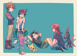  4boys aipom blue_oak boots brown_footwear brown_hair commentary_request crossed_arms ethan_(pokemon) exercising flying_sweatdrops green_pants itome_(funori1) long_hair male_focus multiple_boys pants pichu pokemon pokemon_(creature) pokemon_adventures red_(pokemon) red_hair shirt short_hair short_sleeves shorts silver_(pokemon) sit-up sitting sneasel spiked_hair stool t-shirt 