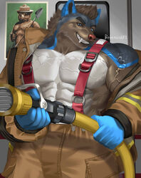  behemoth89 canid canine canis clothed clothing domestic_dog fangs fire_hose firefighter firefighter_uniform hi_res hose jacket looking_at_viewer male mammal muscular muscular_male naked_suspenders open_clothing open_jacket open_topwear shirtless shirtless_male shovel smokey_bear solo suspenders teeth tools topwear uniform united_states_forest_service vein wolf 