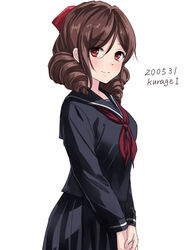  alternate_costume bad_id bad_twitter_id black_serafuku black_shirt black_skirt blush bow breasts brown_hair drill_hair female hair_ornament hairbow harukaze_(kancolle) kantai_collection kurage1 long_hair long_sleeves looking_at_viewer neckerchief one-hour_drawing_challenge pleated_skirt red_bow red_eyes red_neckerchief school_uniform serafuku shirt simple_background skirt smile solo twin_drills twitter_username white_background 