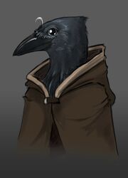  2022 ambiguous_gender anthro avian beak black_body black_feathers cloak clothed clothing dungeons_and_dragons feathers flamespitter gradient_background grey_background hasbro hi_res kenku quay&#039;dok-bay_(dopr5) simple_background smile solo white_eyes wide_eyed wizards_of_the_coast 