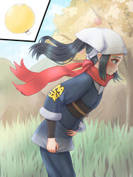  akari_(pokemon) apotea black_eyes black_hair blue_kimono blue_pants blue_sky blush closed_mouth cloud commentary_request day embarrassed female flat_chest from_side grass hand_on_own_stomach have_to_pee head_scarf highres japanese_clothes kimono layered_sleeves leaning_forward long_sleeves obi outdoors pants pokemon pokemon_legends:_arceus ponytail profile red_scarf sash scarf sidelocks sky solo standing sweat textless_version tree urine_meter walking wavy_mouth white_headwear 