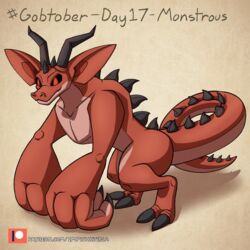  1:1 ambiguous_gender anthro back_spikes big_arms big_chest black_sclera claws digitigrade dragon goblin gobtober gobtober_2022 head_spikes hi_res horn huge_arms humanoid hybrid impishhyena long_tail monster muscular mythological_creature mythological_scalie mythology red_body red_eyes scalie solo spiked_tail spikes spikes_(anatomy) spines tail 