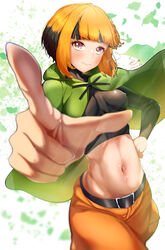  bad_id bad_pixiv_id belt black_belt black_hair black_shirt blunt_bangs breasts brown_shorts capelet closed_mouth commentary_request covered_nipples cowboy_shot crop_top cropped_shirt dated female gardenia_(pokemon) green_capelet groin hand_on_own_hip highres impossible_clothes impossible_shirt index_finger_raised long_sleeves looking_at_viewer medium_breasts midriff multicolored_hair navel orange_eyes orange_hair partial_commentary pokemon pokemon_dppt semino_hazuki shirt short_hair shorts sidelocks signature smile solo standing two-tone_hair white_background 