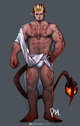  1boy abs bara bare_pectorals barefoot beard borrowed_character chest_hair chest_tattoo chinese_commentary closed_mouth commentary_request demon_boy demon_boy_(amaimochi) demon_horns demon_tail facial_hair fingernails frown full_body highres horns large_pectorals male_focus mature_male muscular muscular_male navel nipples original pectorals peterhl pointy_ears sharp_fingernails solo tail tattoo thick_eyebrows yellow_horns 