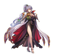  absurdres anklet armor book bracelet braid breasts bridal_gauntlets cape cleavage closed_mouth commentary_request dress earrings female fire_emblem fire_emblem:_genealogy_of_the_holy_war fire_emblem_heroes flower full_body gold_trim hair_flower hair_ornament head_tilt high_heels highres holding ishtar_(fire_emblem) ishtar_(fire_emblem)_(echoing_thunder) jewelry lips long_dress long_hair looking_at_viewer medium_breasts necklace nijihayashi official_art ponytail purple_eyes purple_hair shiny_skin shoulder_armor simple_background solo standing stuffed_animal stuffed_dragon stuffed_toy teddy_bear toy very_long_hair white_background 