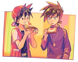  2boys backwards_hat baseball_cap black_hair black_shirt blue_oak bread bread_slice brown_hair clenched_teeth commentary_request egg_(food) food fried_egg green_eyes hand_up hat holding holding_food itome_(funori1) jacket jewelry long_sleeves male_focus mouth_hold multiple_boys necklace open_clothes open_jacket pokemon pokemon_adventures purple_shirt red_(pokemon) red_headwear red_jacket shirt short_hair spiked_hair teeth toast 