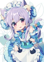  :d animal_ears apron bell blue_bow blush bow cat_ears cat_tail commentary_request detached_sleeves dress female frills hair_between_eyes hair_ornament hairbow highres jingle_bell looking_at_viewer maid_headdress maimai_(game) open_mouth purple_hair red_eyes salt_(maimai) smile solo standing tail wagashi928 waist_apron 