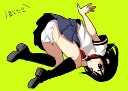  black_eyes black_hair black_socks blue_skirt commentary_request coppelion female full_body green_background ikarimame kneehighs panties pantyshot pleated_skirt school_uniform serafuku short_sleeves simple_background skirt socks solo tsuburaya_mana underwear white_panties 