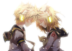  1boy blonde_hair brother_and_sister closed_eyes commentary_request face-to-face female forehead-to-forehead hair_ornament hair_ribbon hairclip headphones heads_together kagamine_len kagamine_rin necktie photoshop_(medium) ribbon short_hair siblings twins vocaloid yyukke 