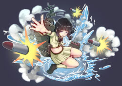  arkfield black_eyes black_hair blunt_bangs braid clip_studio_paint_(medium) commentary_request female foreshortening full_body hair_over_shoulder kantai_collection kitakami_(kancolle) long_hair long_sleeves midriff navel neckerchief parody puzzle_&amp;_dragons school_uniform serafuku skirt skirt_set smoke smokestack solo splashing stomach torpedo triangle_mouth 