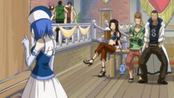  3girls 4boys animated animated animated bikini_top blue_hair bracelet brown_hair cana_alberona cap cup dress fairy_tail gloves hands_in_pockets happy_(fairy_tail) hat jewelry juvia_loxar kana_alberona long_gloves macao_conbolt mug multiple_boys multiple_girls neclace sandals screencap sitting wakaba_mine 