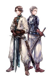  2boys armor asymmetrical_clothes back-to-back boots brown_eyes brown_hair commentary_request denim_powell gloves jewelry male_focus multiple_boys necklace sheath sheathed smile sword tactics_ogre vice_bozeg weapon yonetsuki_kana 