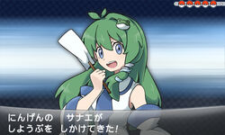  :d blue_eyes commentary_request detached_sleeves fake_screenshot female frog_hair_ornament gohei green_hair hacko hair_ornament kochiya_sanae lady_(pokemon) long_hair open_mouth parody photoshop_(medium) pokemon pokemon_xy smile snake_hair_ornament solo style_parody sugimori_ken_(style) touhou translated 