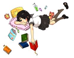  alarm_clock black_eyes black_hair black_skirt book bookmark clock commentary_request coppelion drinking_straw female food full_body glass grey_socks ikarimame kneehighs loafers looking_at_viewer lying pillow pleated_skirt school_uniform serafuku shoes short_hair short_sleeves simple_background single_shoe skirt socks soda solo stuffed_animal stuffed_toy sweets teddy_bear tsuburaya_mana unworn_shoes white_background 