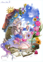  absurdres alchemy alcohol_burner atelier_(series) atelier_totori back_bow bare_shoulders beaker blue_sleeves book boots bow brown_eyes burner cauldron cloud clover dress erlenmeyer_flask female flask flower grey_hair headdress highres kishida_mel knee_boots lab_burner_stand long_hair map moon multicolored_ribbon official_art open_book paper plate ribbon round-bottom_flask scroll sitting skirt sky smile solo sun test_tube totooria_helmold tripod_(laboratory) tulip wariza 