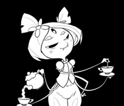  2015 animated arachnid arthropod black_and_white blush container cup cutlery fangs female holding_object holding_plate holding_spoon humanoid kitchen_utensils monochrome muffet multi_eye multi_limb short_playtime smile sollarian solo spider spoon stirring tea_cup teapot teeth tools undertale undertale_(series) 